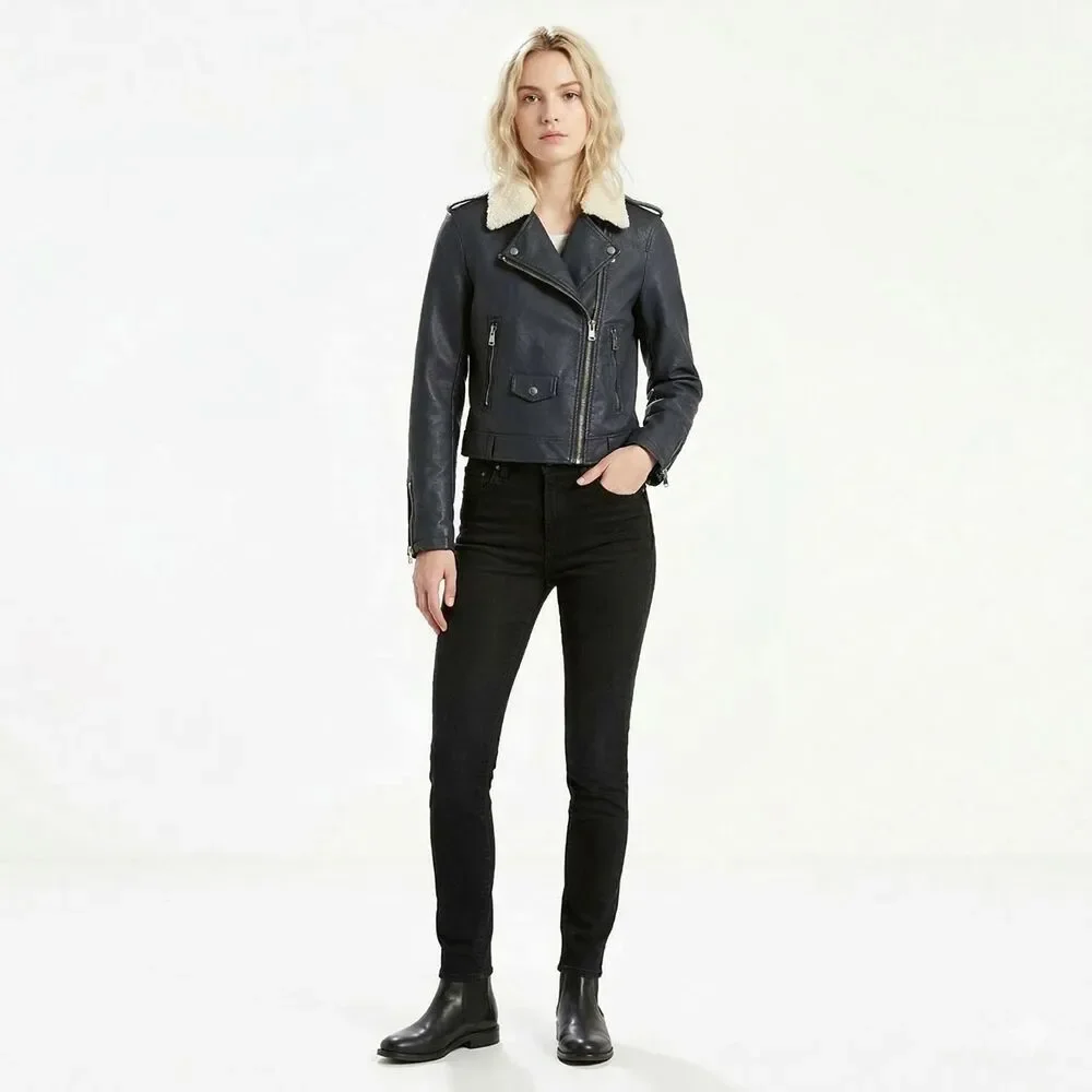 New Levi's $120 MSRP Faux Leather Navy Blue Sherpa Collar Moto Jacket - Picture 1 of 9